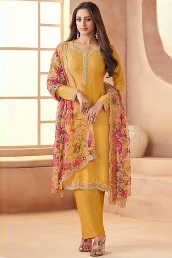 Yellow bids work soft chiffon salwar suit