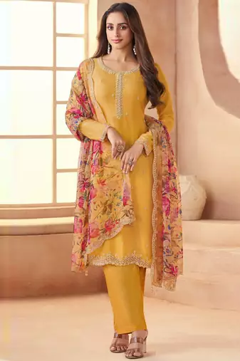 Yellow bids work soft chiffon salwar suit