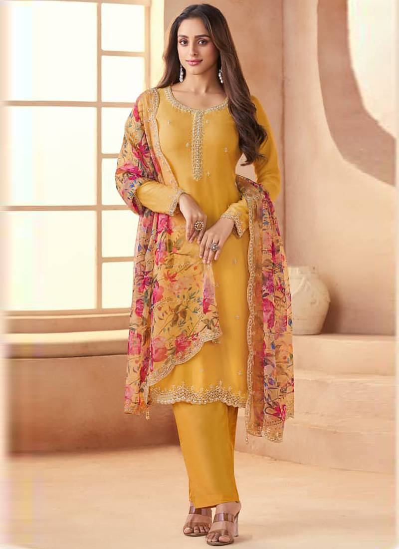 Yellow bids work soft chiffon salwar suit