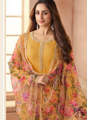 Yellow bids work soft chiffon salwar suit 2
