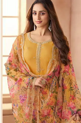 Yellow bids work soft chiffon salwar suit