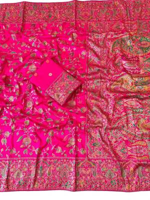Rani Pink Color Kashmiri Thread With Woven Work Rajwadi Pashmina Dola Silk Saree 3