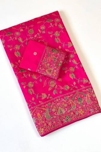 Rani Pink Color Kashmiri Thread With Woven Work Rajwadi Pashmina Dola Silk Saree