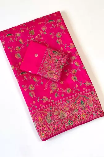Rani Pink Color Kashmiri Thread With Woven Work Rajwadi Pashmina Dola Silk Saree