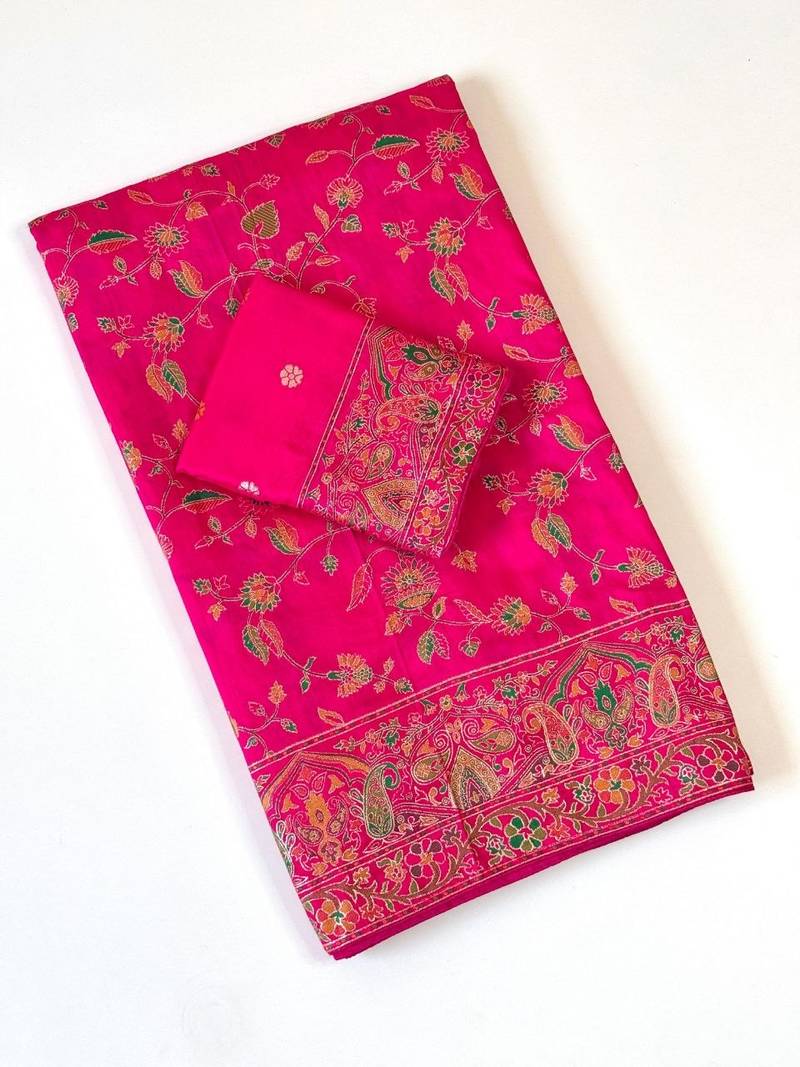 Rani Pink Color Kashmiri Thread With Woven Work Rajwadi Pashmina Dola Silk Saree