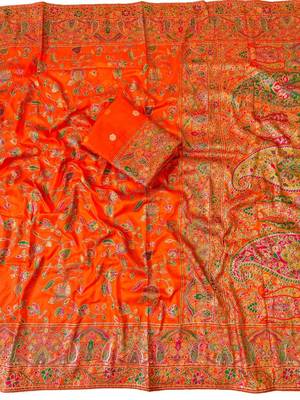 Orange Color Kashmiri Thread With Woven Work Rajwadi Pashmina Dola Silk Saree 3