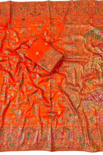 Orange Color Kashmiri Thread With Woven Work Rajwadi Pashmina Dola Silk Saree