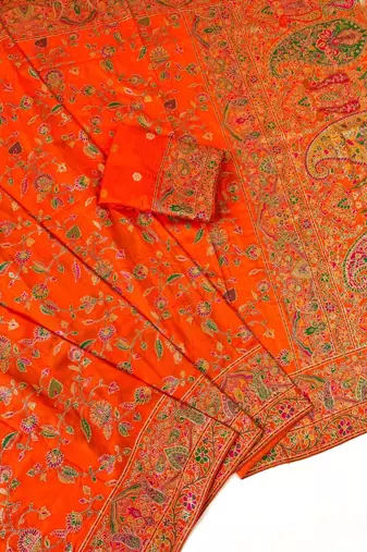 Orange Color Kashmiri Thread With Woven Work Rajwadi Pashmina Dola Silk Saree