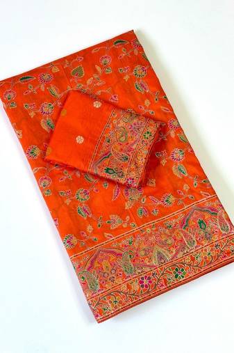 Orange Color Kashmiri Thread With Woven Work Rajwadi Pashmina Dola Silk Saree