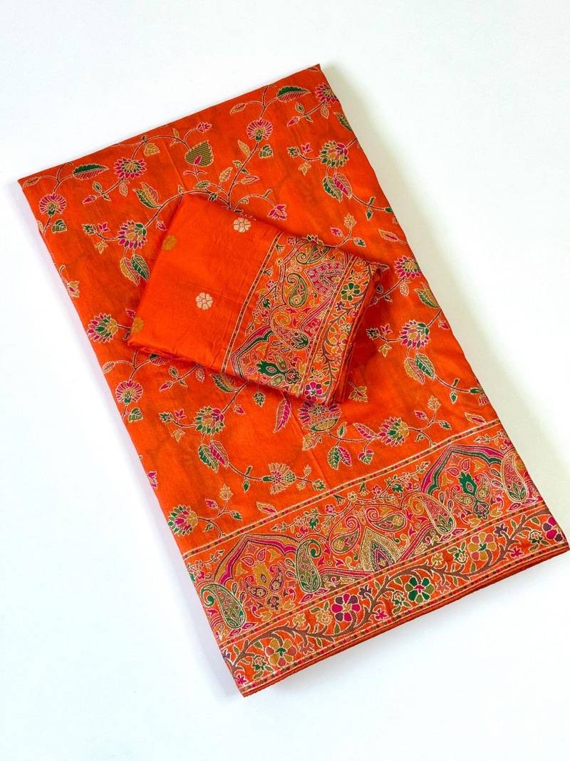 Orange Color Kashmiri Thread With Woven Work Rajwadi Pashmina Dola Silk Saree