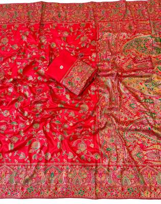 Red Color Kashmiri Thread With Woven Work Rajwadi Pashmina Dola Silk Saree 3