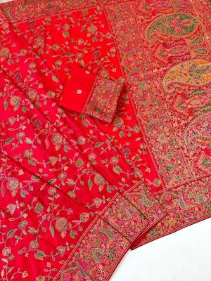 Red Color Kashmiri Thread With Woven Work Rajwadi Pashmina Dola Silk Saree 4