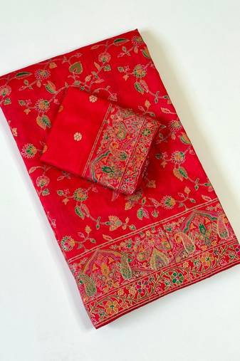 Red Color Kashmiri Thread With Woven Work Rajwadi Pashmina Dola Silk Saree