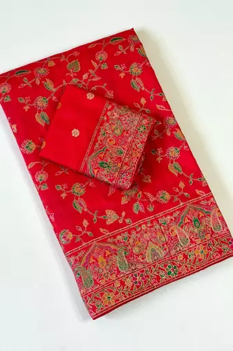 Red Color Kashmiri Thread With Woven Work Rajwadi Pashmina Dola Silk Saree