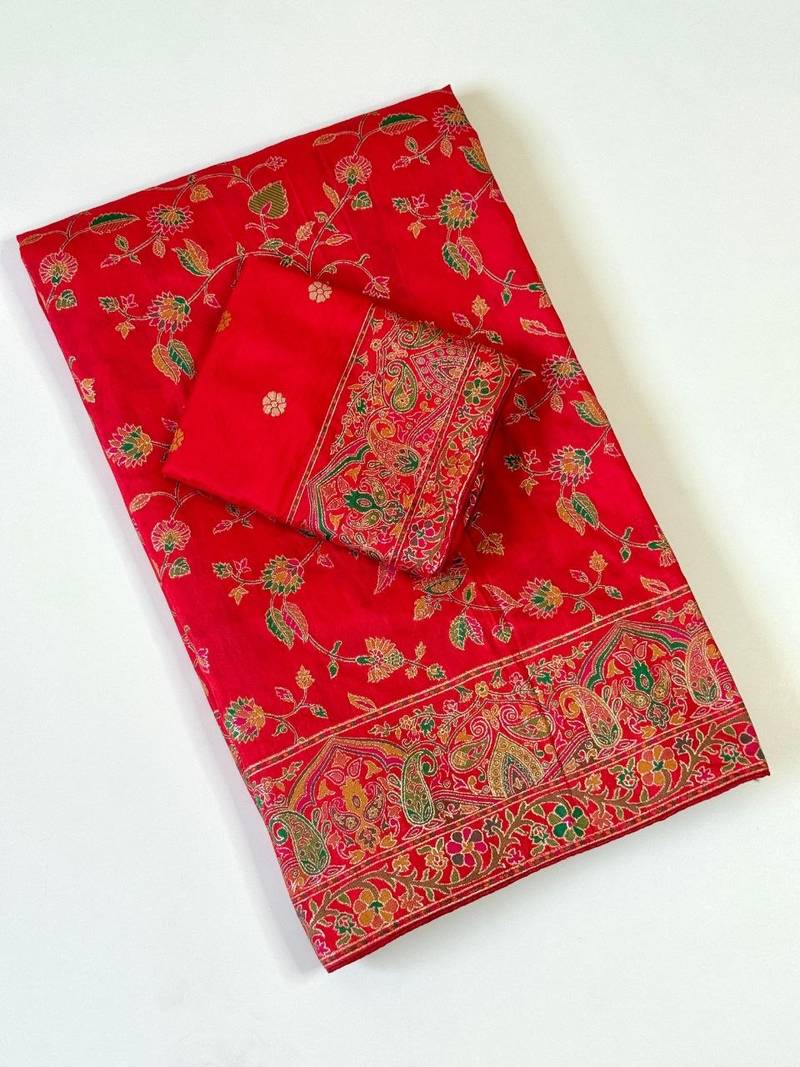 Red Color Kashmiri Thread With Woven Work Rajwadi Pashmina Dola Silk Saree
