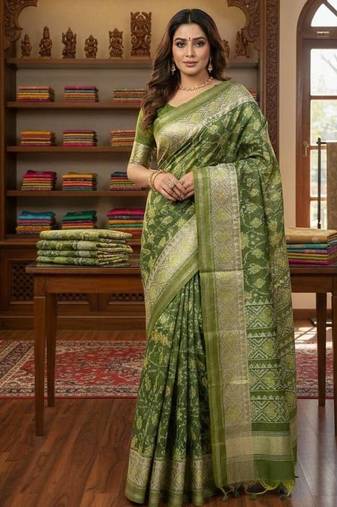 Parrot Green Color hand woven Patola Silk Saree