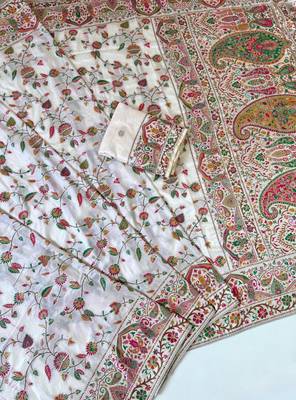 White Color Kashmiri Thread With Woven Work Rajwadi Pashmina Dola Silk Saree 2