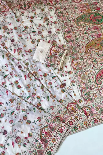White Color Kashmiri Thread With Woven Work Rajwadi Pashmina Dola Silk Saree