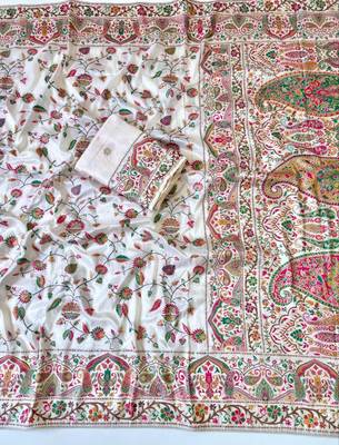 White Color Kashmiri Thread With Woven Work Rajwadi Pashmina Dola Silk Saree 3