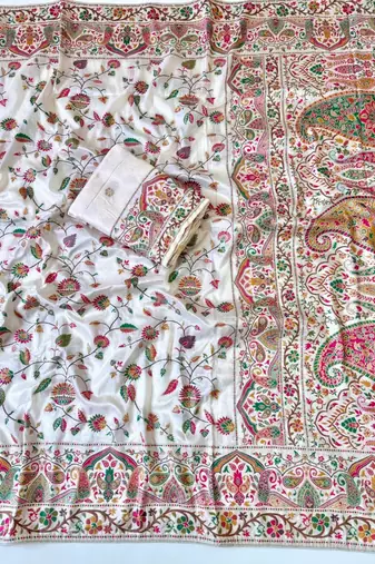 White Color Kashmiri Thread With Woven Work Rajwadi Pashmina Dola Silk Saree