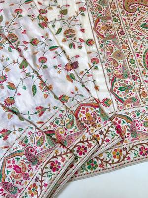 White Color Kashmiri Thread With Woven Work Rajwadi Pashmina Dola Silk Saree 4