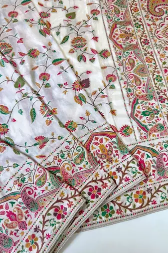 White Color Kashmiri Thread With Woven Work Rajwadi Pashmina Dola Silk Saree