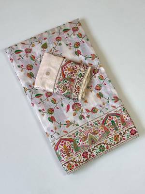 White Color Kashmiri Thread With Woven Work Rajwadi Pashmina Dola Silk Saree 1