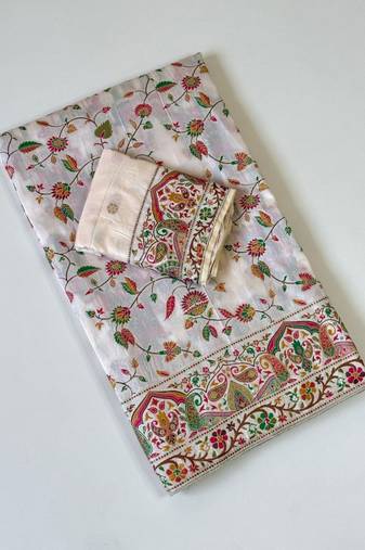 White Color Kashmiri Thread With Woven Work Rajwadi Pashmina Dola Silk Saree