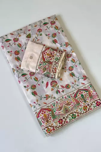 White Color Kashmiri Thread With Woven Work Rajwadi Pashmina Dola Silk Saree