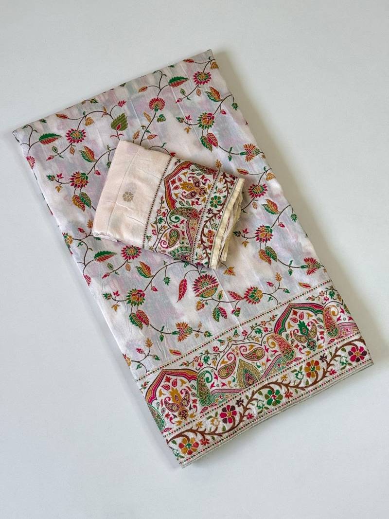 White Color Kashmiri Thread With Woven Work Rajwadi Pashmina Dola Silk Saree