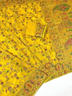Yellow Color Kashmiri Thread With Woven Work Rajwadi Pashmina Dola Silk Saree 2