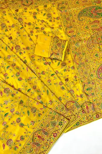 Yellow Color Kashmiri Thread With Woven Work Rajwadi Pashmina Dola Silk Saree