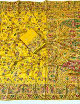 Yellow Color Kashmiri Thread With Woven Work Rajwadi Pashmina Dola Silk Saree 3