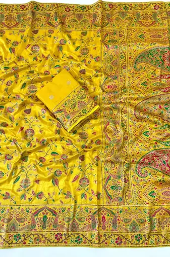 Yellow Color Kashmiri Thread With Woven Work Rajwadi Pashmina Dola Silk Saree