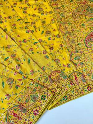 Yellow Color Kashmiri Thread With Woven Work Rajwadi Pashmina Dola Silk Saree 4