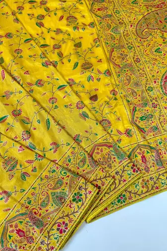 Yellow Color Kashmiri Thread With Woven Work Rajwadi Pashmina Dola Silk Saree