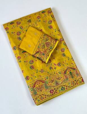 Yellow Color Kashmiri Thread With Woven Work Rajwadi Pashmina Dola Silk Saree 1