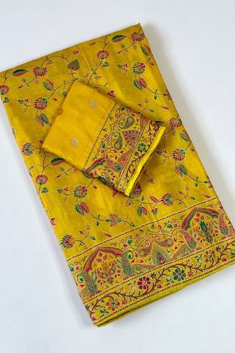 Yellow Color Kashmiri Thread With Woven Work Rajwadi Pashmina Dola Silk Saree