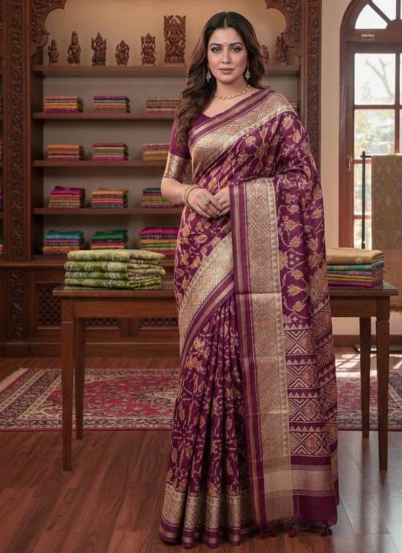 Wine Color hand woven Patola Silk Saree