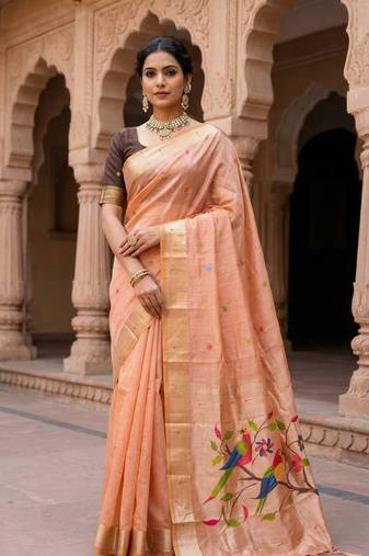 Women's peach floral printed cotton saree with unstiched blouse piece