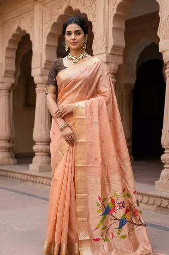 Women's peach floral printed cotton saree with unstiched blouse piece