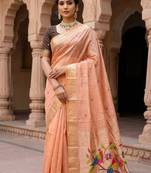 Women's peach floral printed cotton saree with unstiched blouse piece