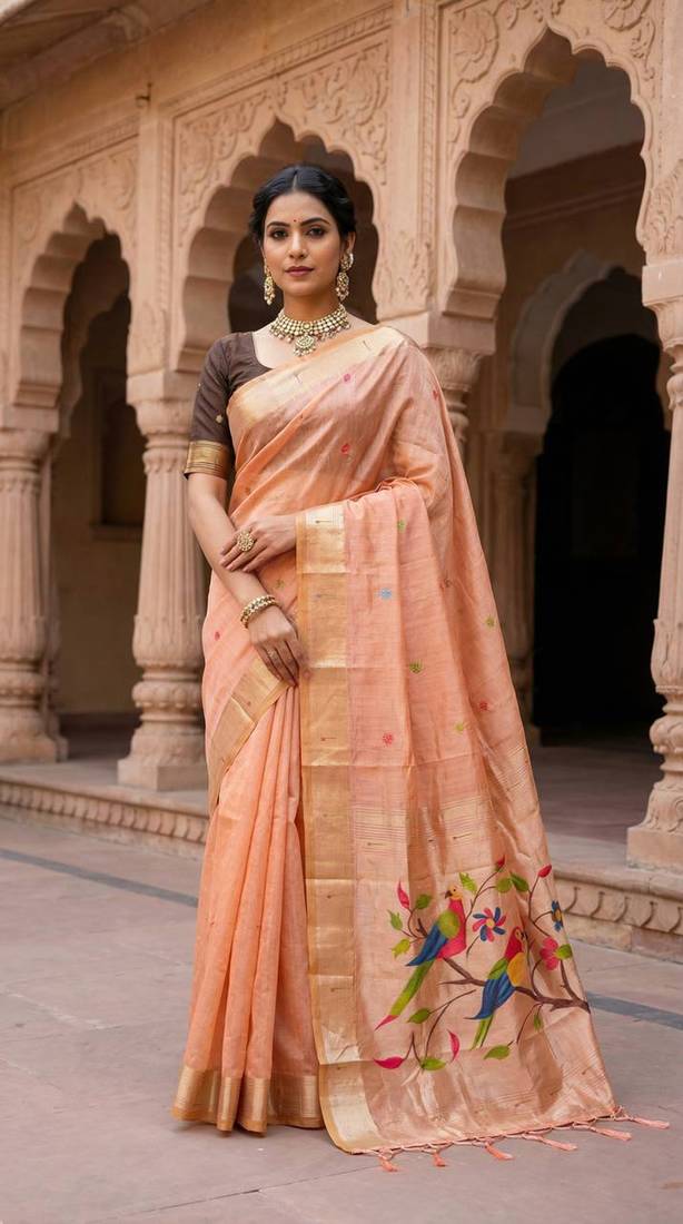 Women's peach floral printed cotton saree with unstiched blouse piece