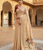 Women's beige floral printed cotton saree with unstiched blouse piece