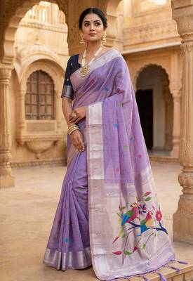 purple cotton saree women with floral print & zari border 1