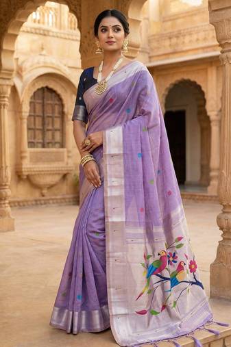 Women's purple floral printed cotton saree with unstiched blouse piece