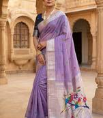 Women's purple floral printed cotton saree with unstiched blouse piece