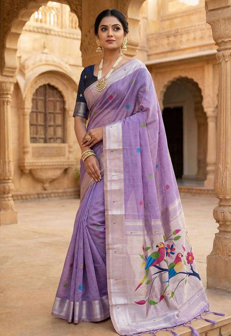 Women's purple floral printed cotton saree with unstiched blouse piece