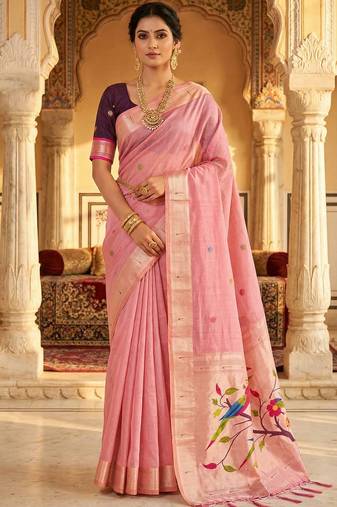Women's pink floral printed cotton saree with unstiched blouse piece