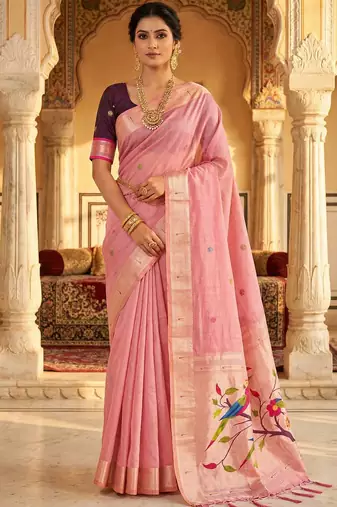Women's pink floral printed cotton saree with unstiched blouse piece